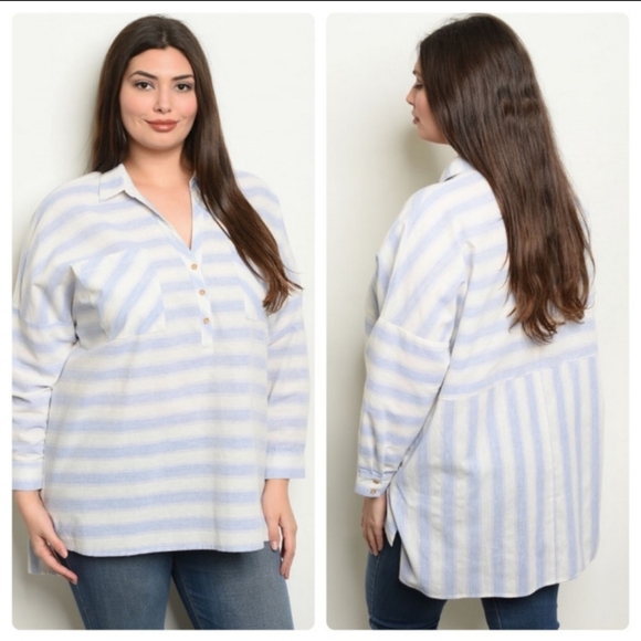 A Girl Thing Tops - Plus Sized Light Blue Striped Top 3X